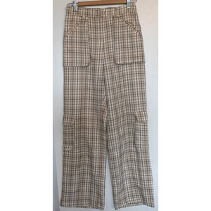 Klesis Pants Womens Medium Beige Plaid Cargo High Rise Elastic Waist Academia
